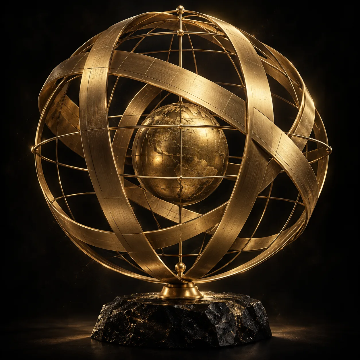 Escultura abstrata de conexões globais em dourado